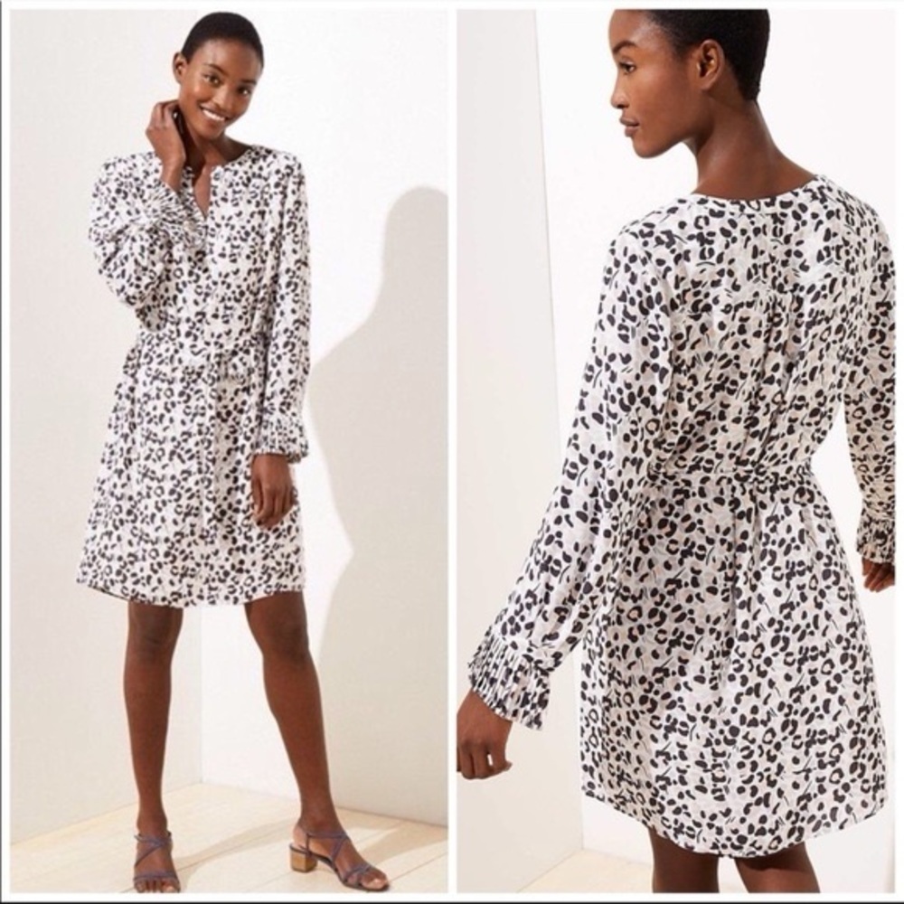 LOFT Petite Leopard Print Pleated Cuff Belted Dress Size Extra Small XS